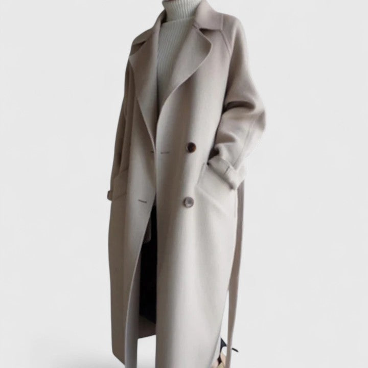 Elegant women's classic long beige coat, perfect for fall fashion outerwear