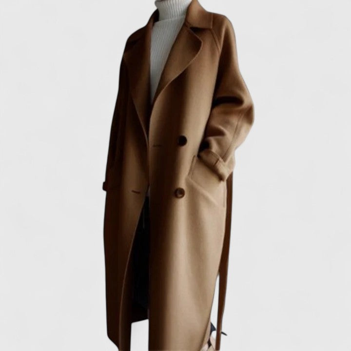 Stylish women's black long coat, a classic winter outerwear fashion staple