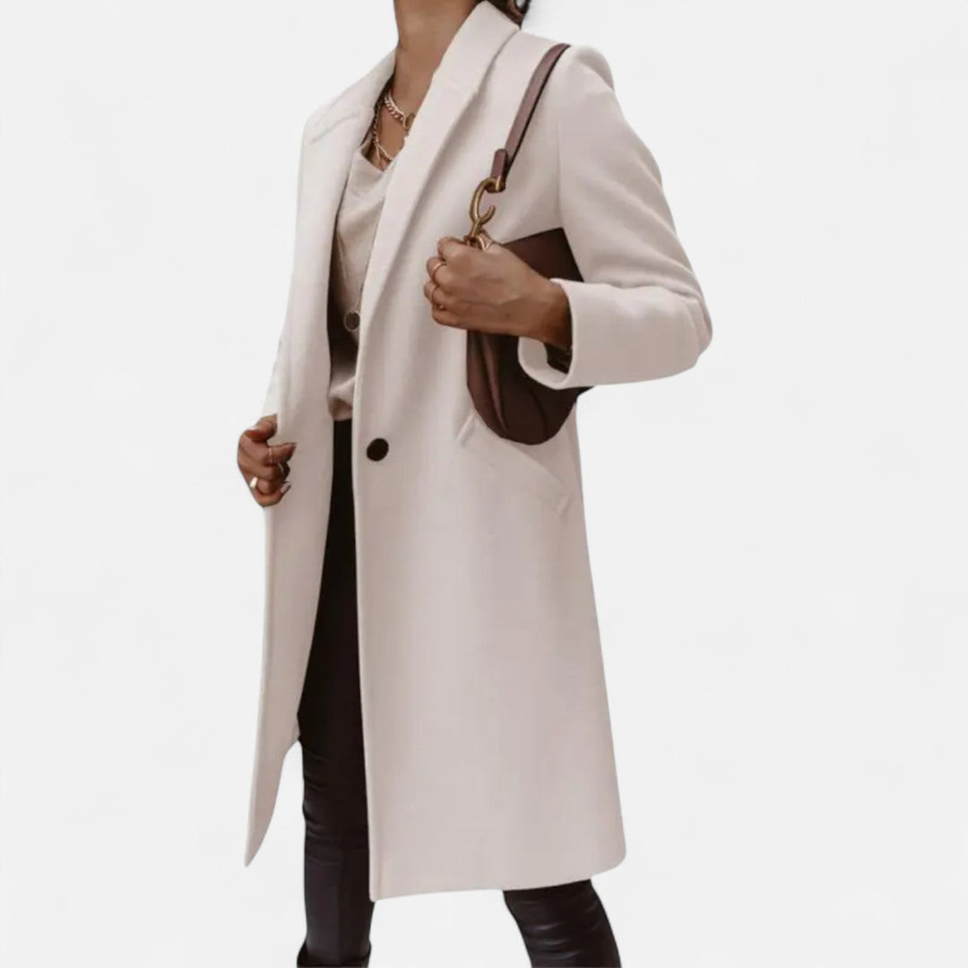 Elegant women's classic mid-length coat with solid lapels, ideal for formal fall and winter outerwear.