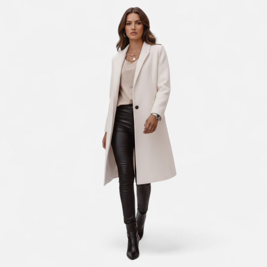 Stylish women's tailored mid-length coat featuring elegant lapels, perfect for office and formal wear.