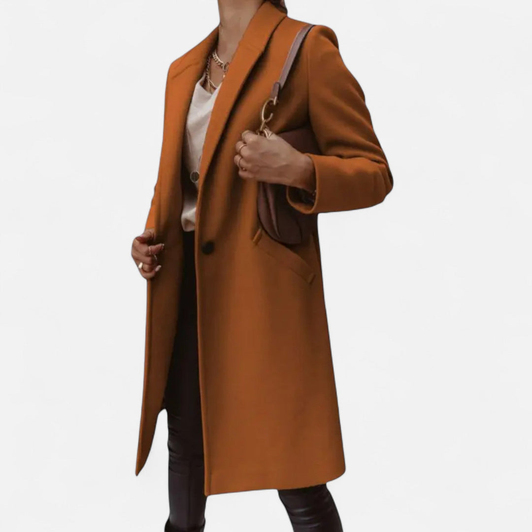 Classic women's mid-length winter coat with elegant solid lapels, sophisticated tailored outerwear.