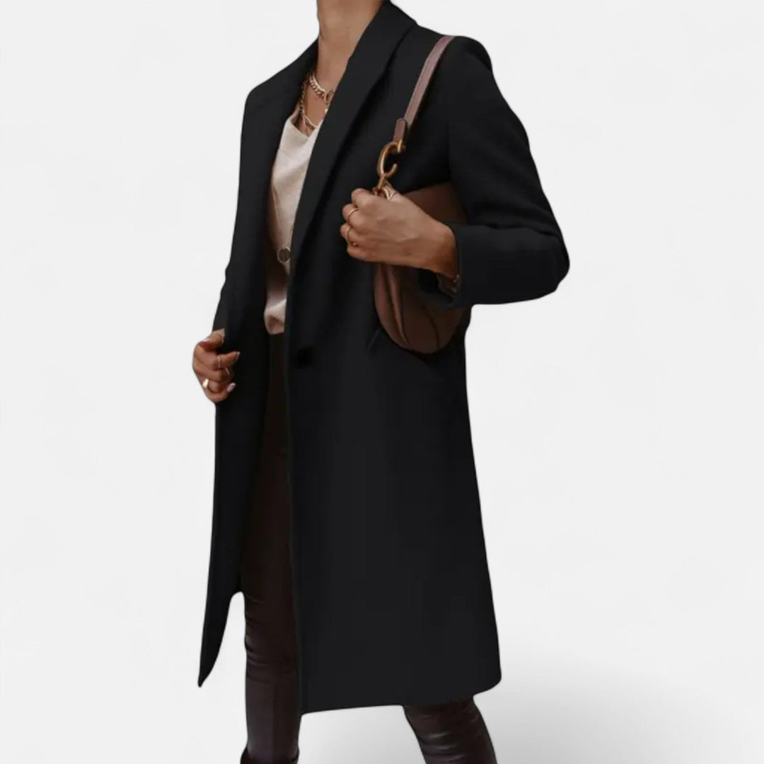 Women's formal mid-length coat with elegant lapels, a stylish and classic piece for fall fashion.