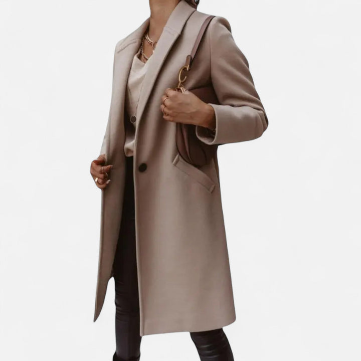 Graceful women's classic mid-length coat with solid lapels, ideal stylish outerwear for formal occasions.