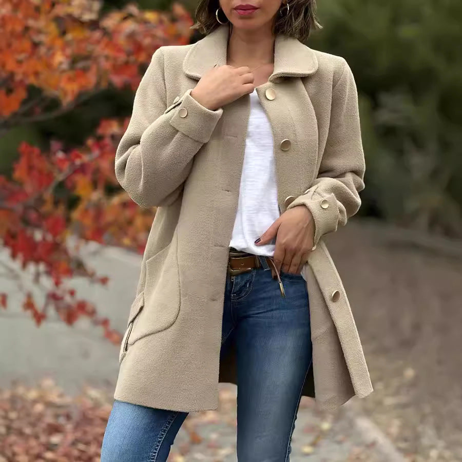 Elegant women's classic oversized mid-thigh khaki coat, perfect winter outerwear