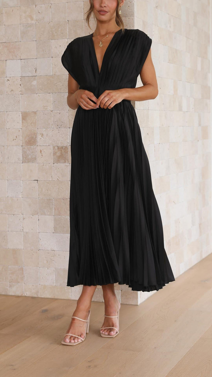 Long pleated summer dress with a stylish v-neck for women.