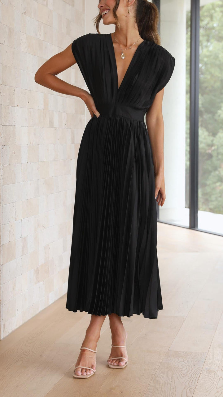 Classic v-neck pleated maxi dress, a versatile piece for women.