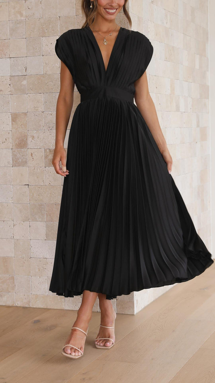 Classic women's pleated maxi dress with a sophisticated v-neck.