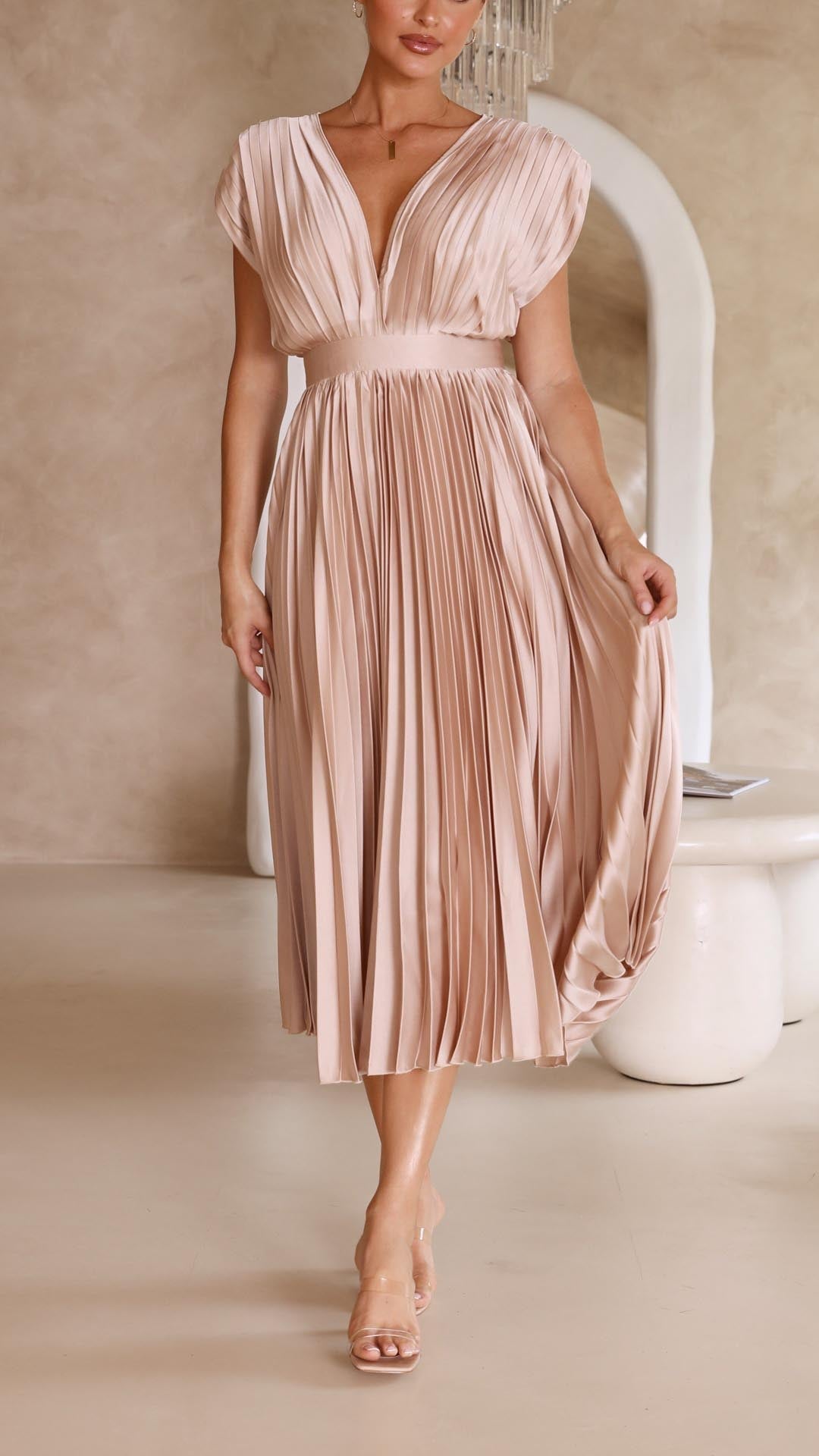 Stylish women's pleated v-neck maxi dress, ideal for any occasion.