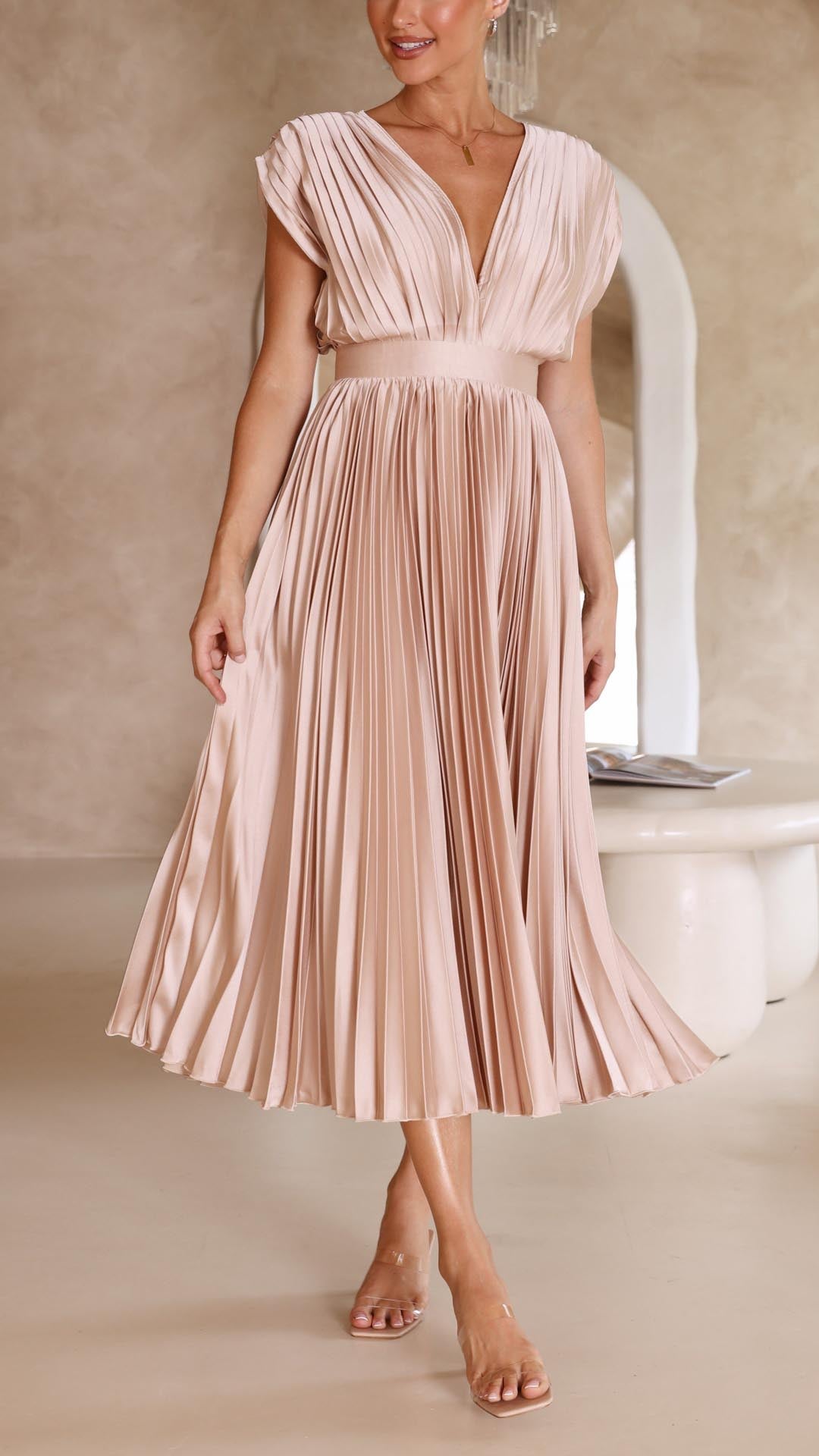 Maxi length pleated dress with a classic v-neck for women.