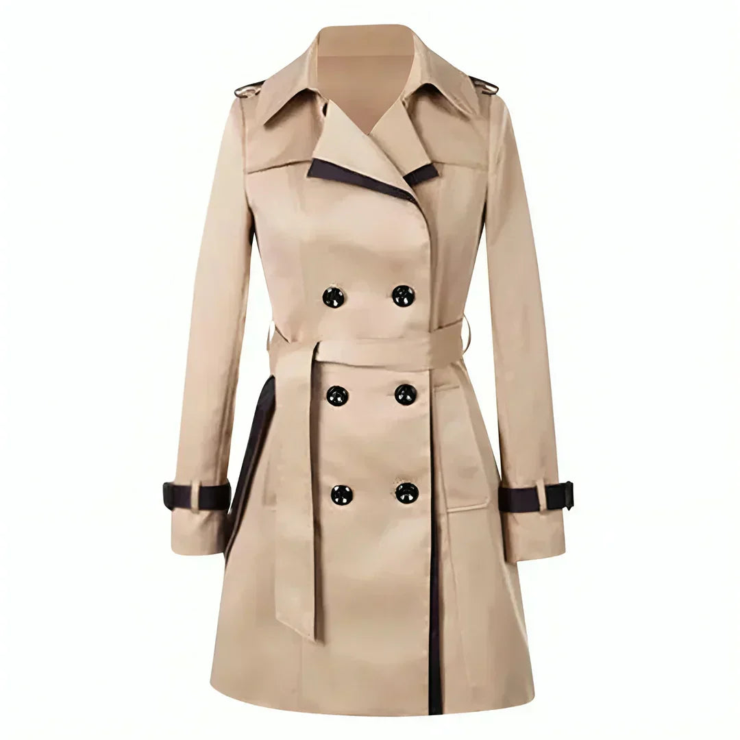 Elegant women's classic trench coat with belted waist & double-breasted front. Versatile autumn/spring outerwear.