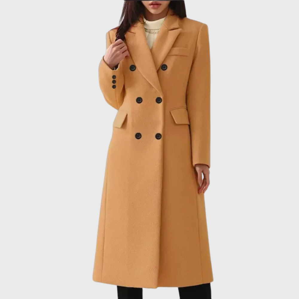 Elegant women's classic wool blend overcoat, a sophisticated long winter outerwear piece.