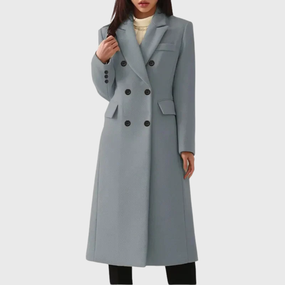 Warm women's long wool blend overcoat in a classic style, perfect for winter fashion.