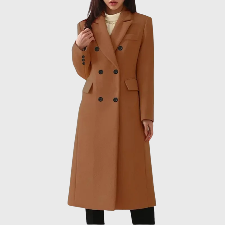 Fashionable women's overcoat made of wool blend, featuring a timeless classic design.