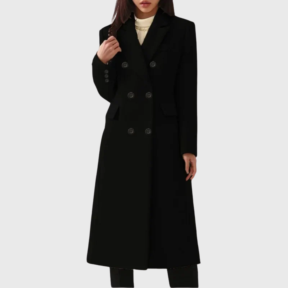 Classic women's long winter coat in a soft wool blend, exuding elegance and warmth.