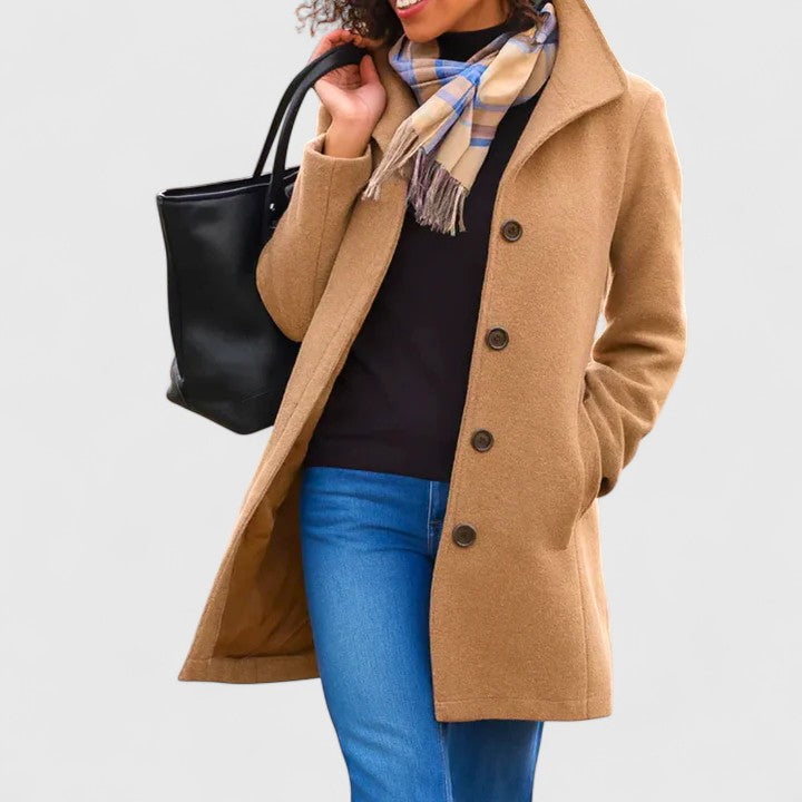 Elegant women's classic wool blend single-breasted winter coat with tailored fit
