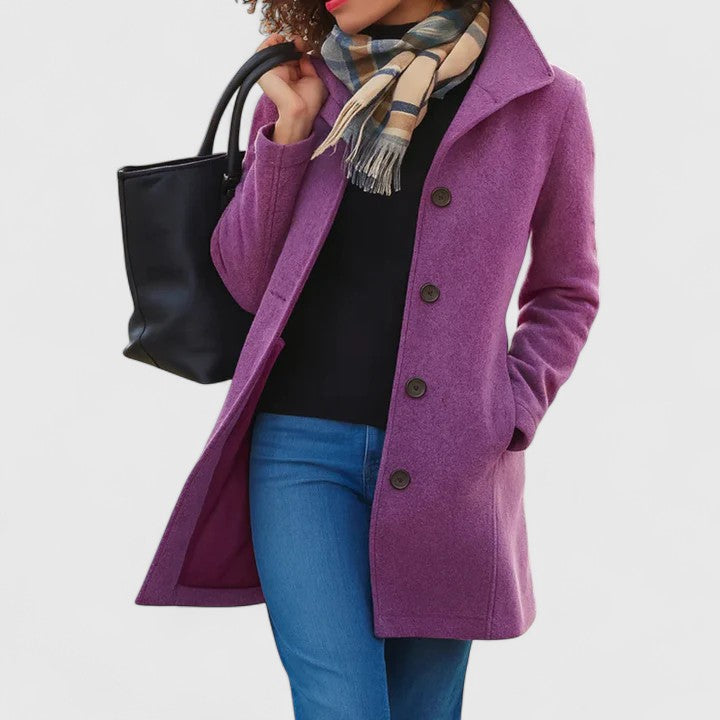Warm, fashionable women's long wool blend winter coat in a classic single-breasted style