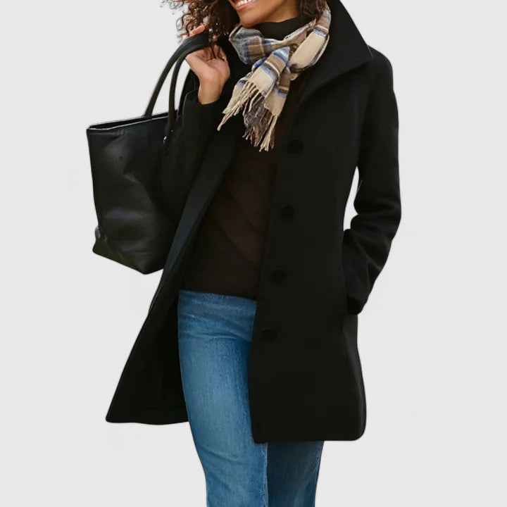 Women's single-breasted long winter coat in a premium wool blend, very warm