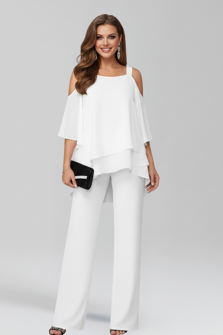 Elegant women's cold-shoulder jumpsuit, wide legs & flowy fabric for evening or formal events
