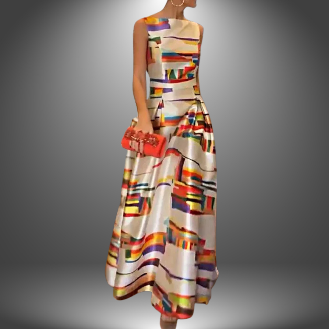 Elegant women's colorblock maxi dress with flowing fabric, perfect for stylish spring and summer fashion.