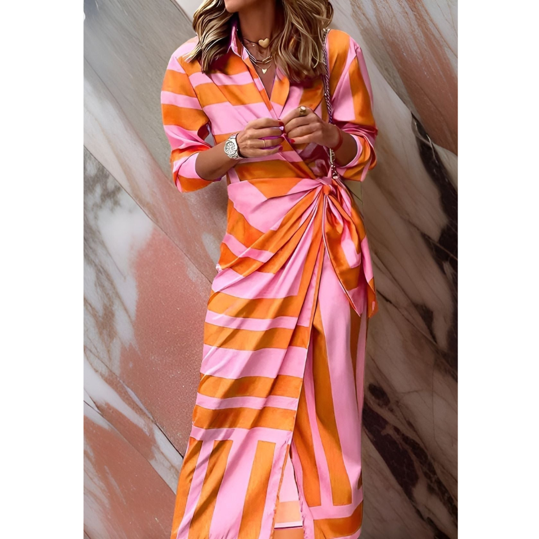 Elegant women's colorful wrap midi dress, perfect for spring party or occasion wear.