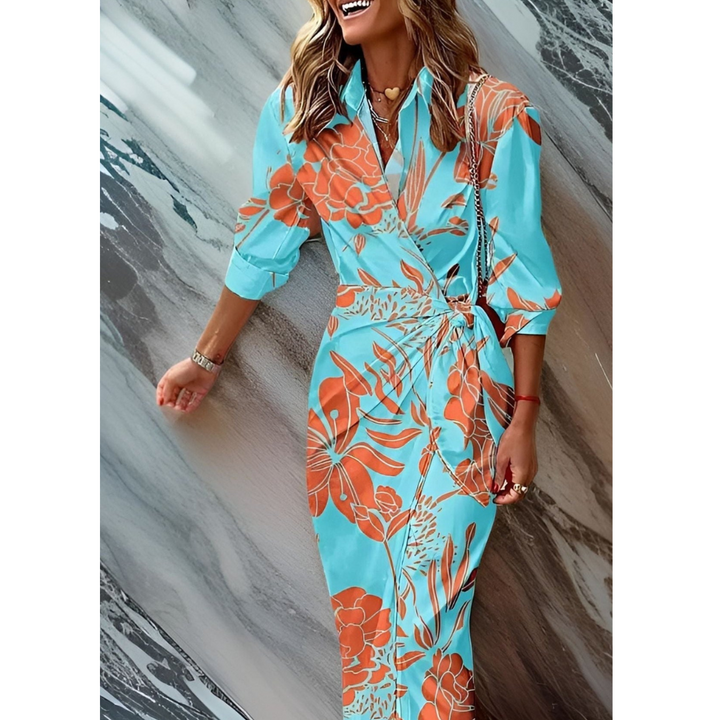 Vibrant women's elegant midi dress with a wrap style, perfect for spring fashion.