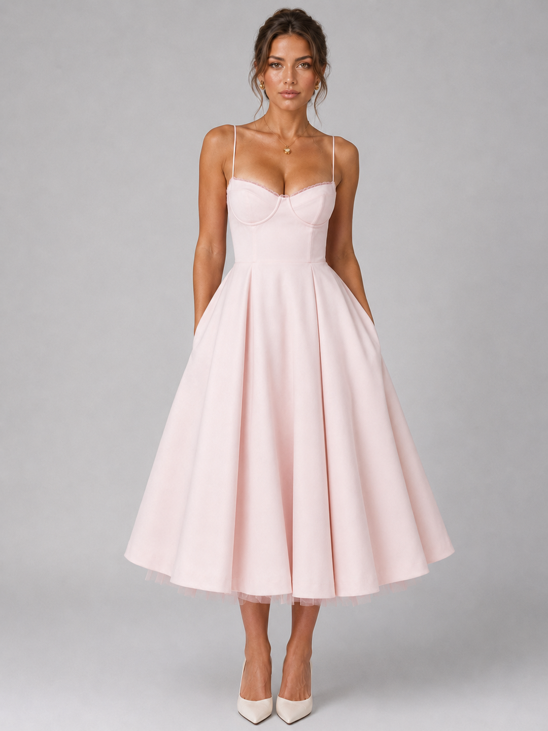 Elegant women's corset full skirt midi dress. Perfect for summer occasions, effortlessly stylish and comfortable.