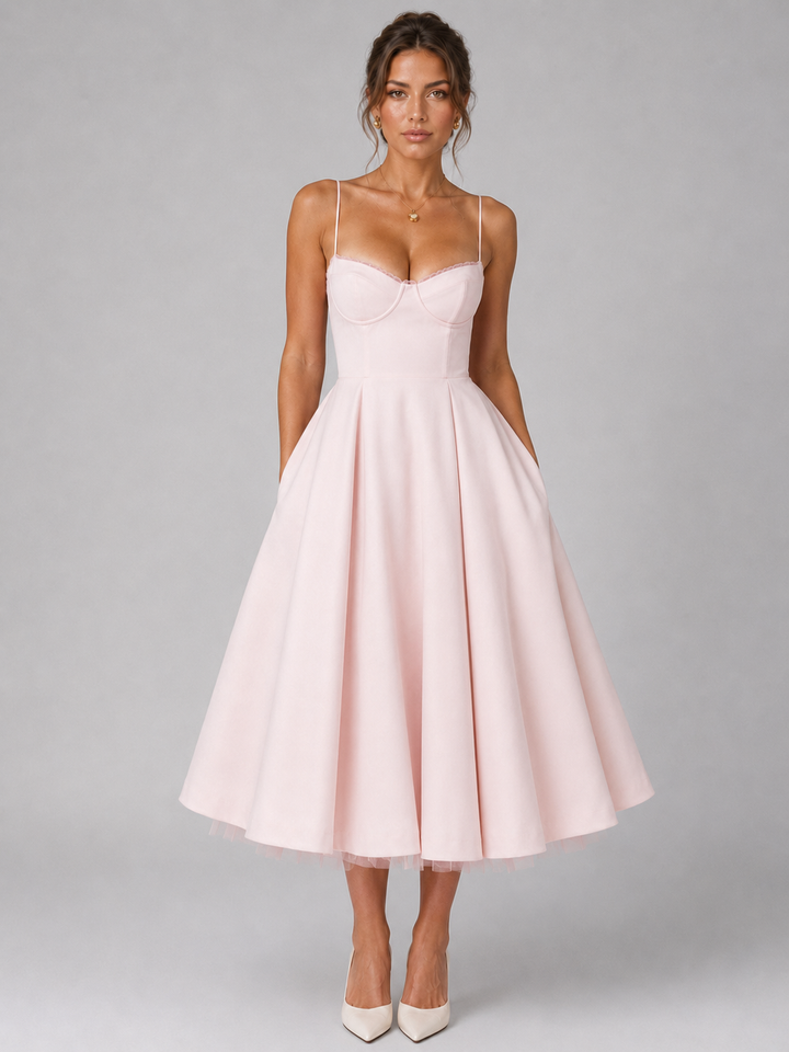 Elegant women's corset full skirt midi dress. Perfect for summer occasions, effortlessly stylish and comfortable.