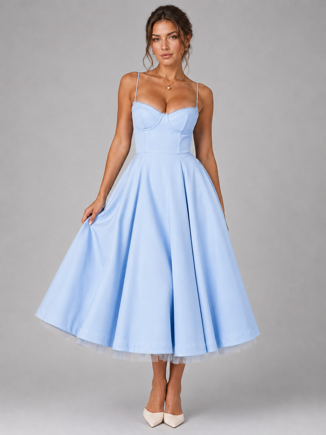 Flowy full skirt midi dress with a chic corset top. Ideal for women's summer, spring fashion, and parties.