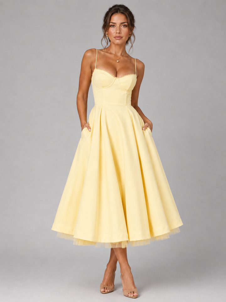 Women's elegant midi dress, a stunning corset and full skirt design. Perfect for parties and special occasion wear.