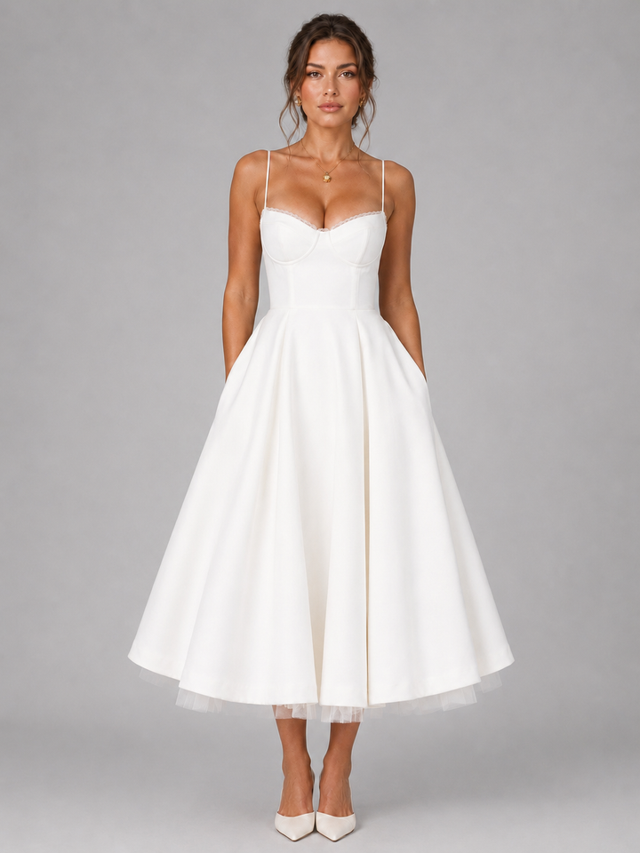 Effortless summer style: Women's flowy corset midi dress with a full skirt. Great for casual wear or party events.