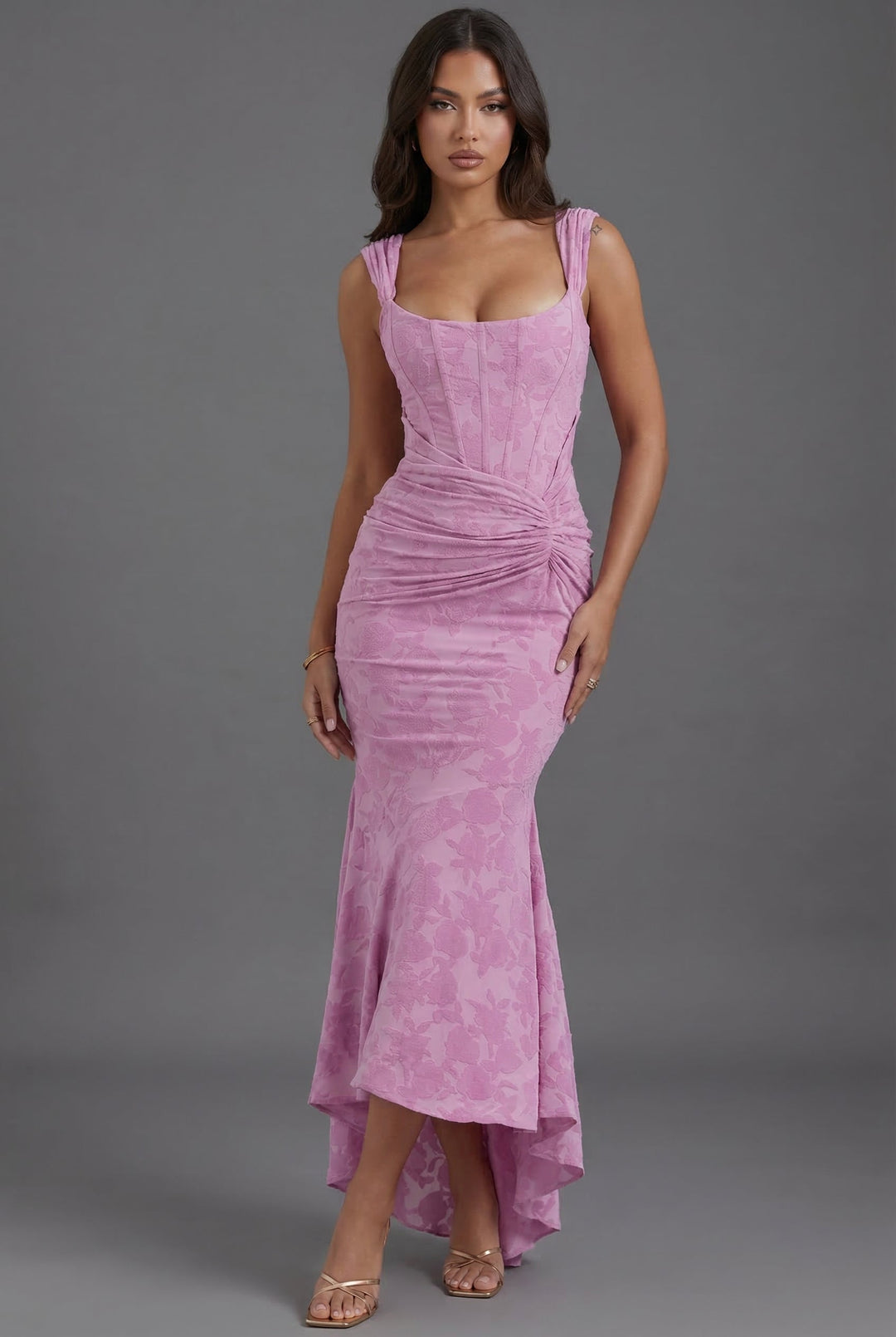 Elegant women's corset maxi dress with ruched details, perfect for wedding guests or formal evening events.