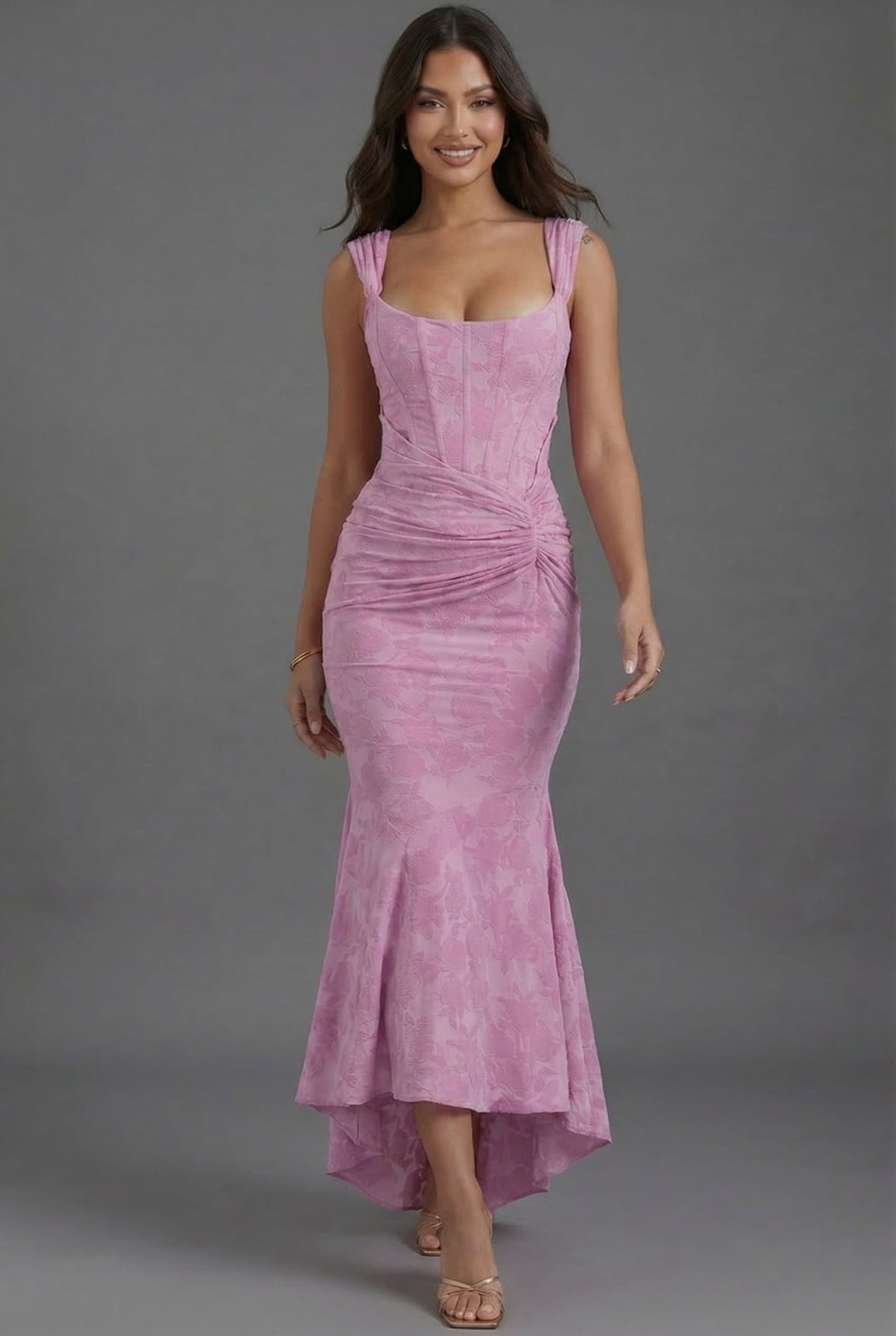 Beautiful women's elegant formal maxi dress with corset styling and ruching, a perfect evening gown option.
