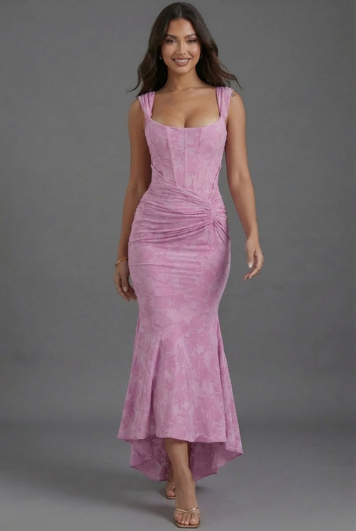 Beautiful women's elegant formal maxi dress with corset styling and ruching, a perfect evening gown option.