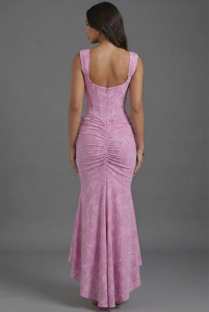 Chic women's wedding guest corset maxi dress, ruched for an elegant look, suitable as a formal evening gown.