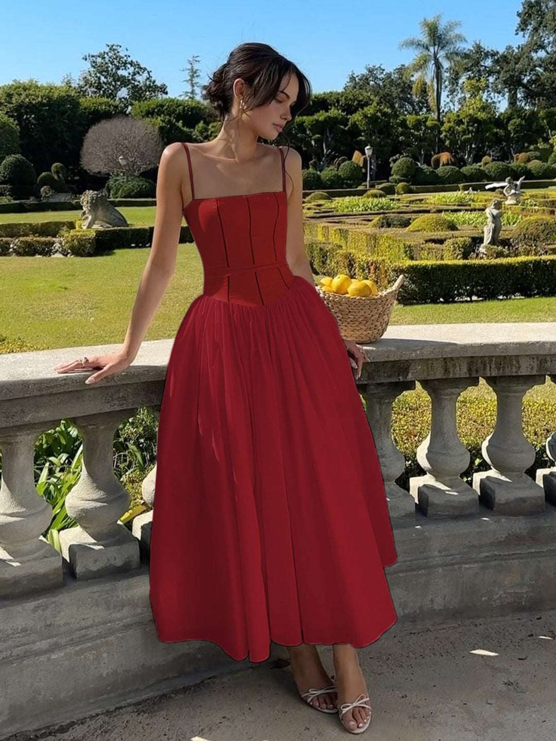Sophisticated women's cocktail dress, a corset-style midi that's both elegant and comfortable.