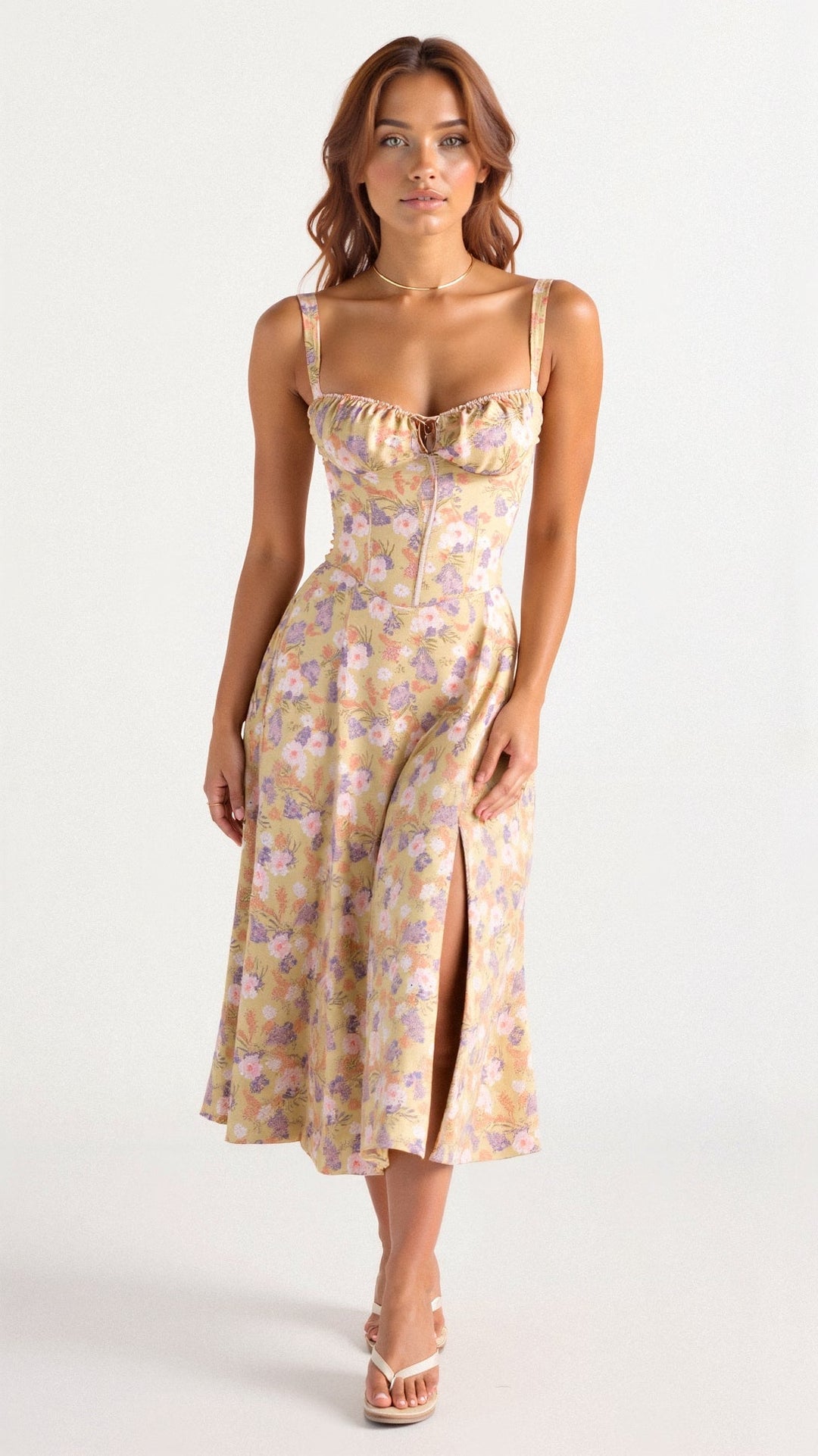 Elegant women's corset midi dress with flowing skirt in a bright summer color