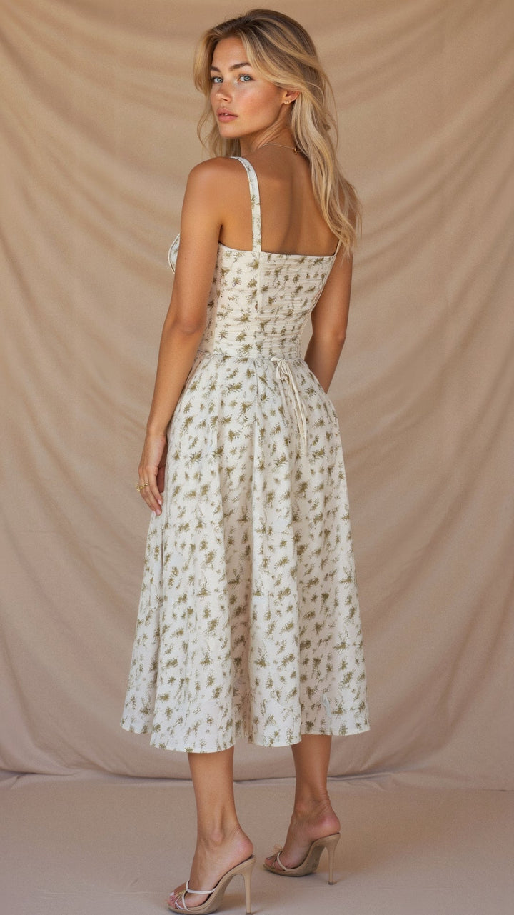 Sophisticated women's party dress: corset top, flowing midi skirt, and elegant details
