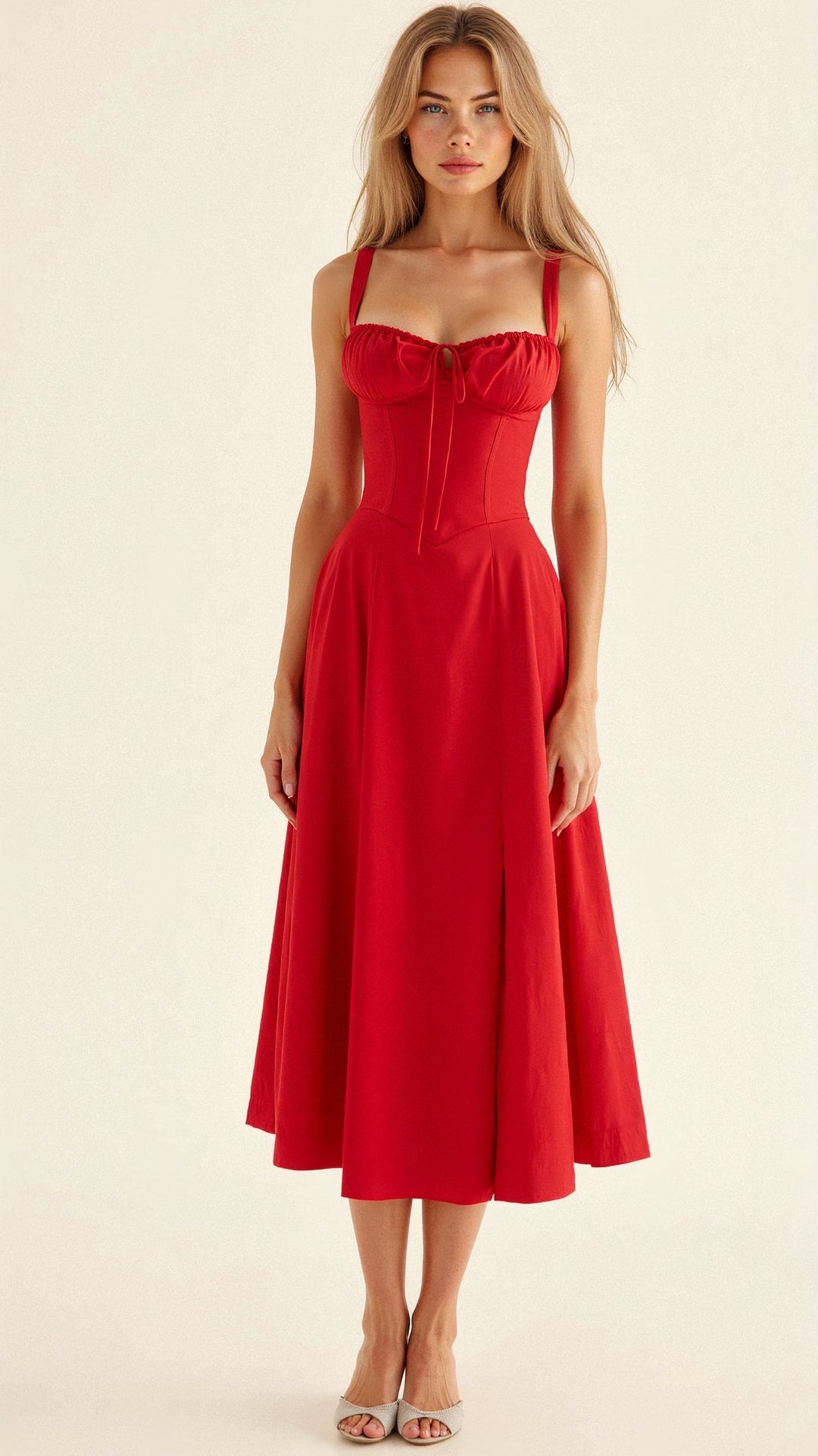 Contemporary women's casual midi dress with a flattering corset and a relaxed flowing skirt