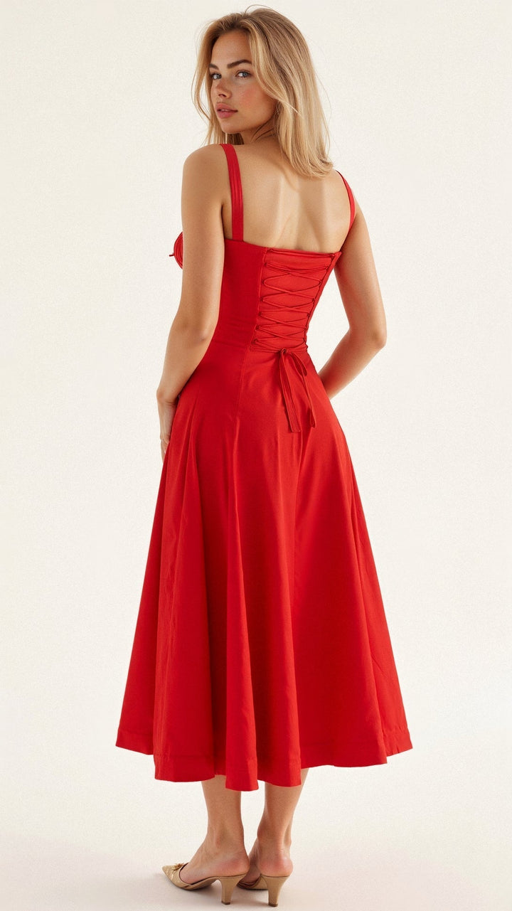 Vibrant women's summer midi dress with a structured corset bodice and a airy flowing skirt