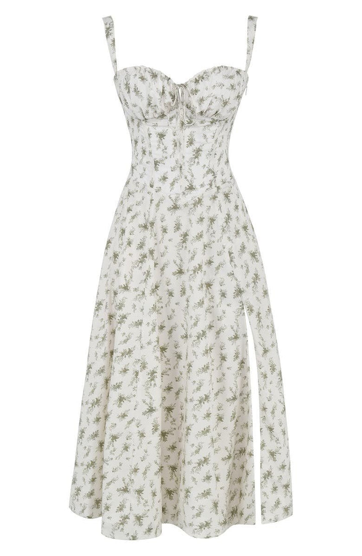 Abstract shot of the flowing skirt movement on a women's elegant midi dress with corset