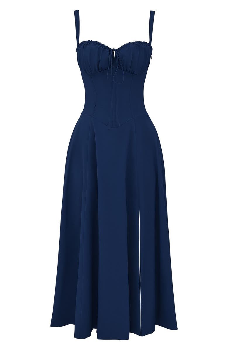 Trendy women's casual dress with a modern corset detail and a chic flowing midi skirt