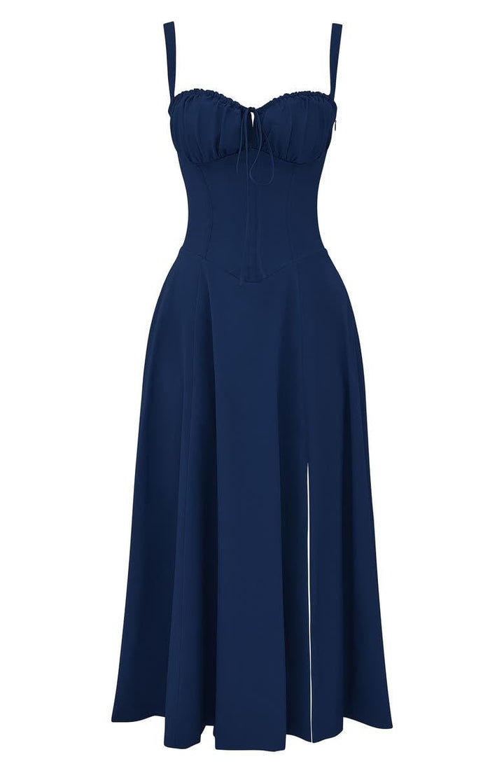 Trendy women's casual dress with a modern corset detail and a chic flowing midi skirt