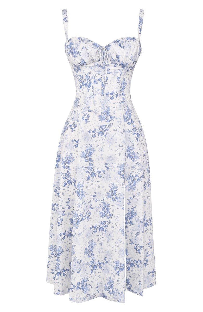 Stylish women's holiday midi dress, combining a fitted corset with a free-flowing skirt