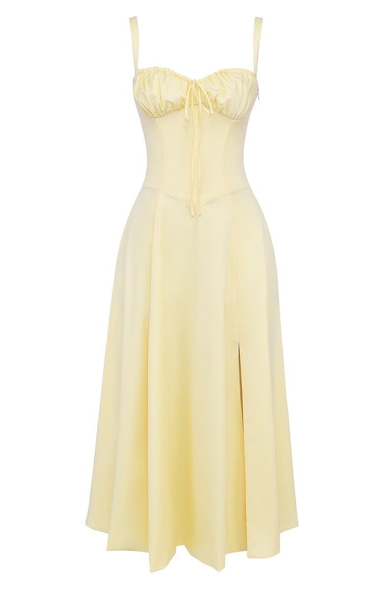 Women's elegant midi dress in a classic cut, featuring a corset and a dramatic flowing skirt