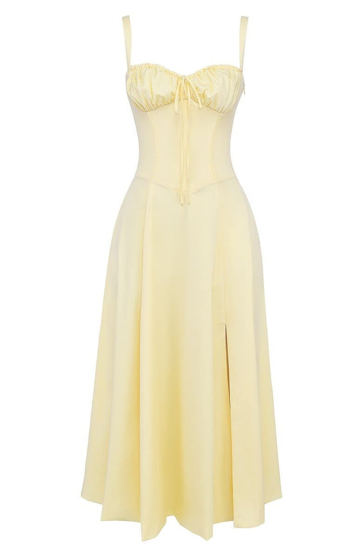 Women's elegant midi dress in a classic cut, featuring a corset and a dramatic flowing skirt