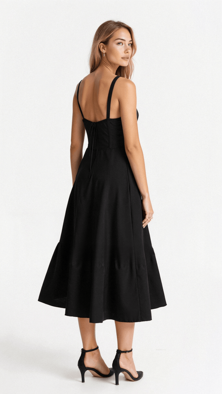 Full-length view of a women's summer midi dress, featuring a corset top and flowing skirt