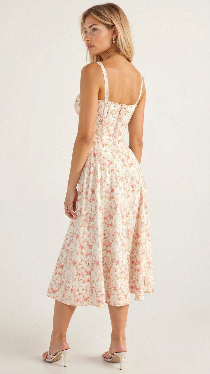 Women's midi dress for casual wear, showcasing a comfortable corset and flowing skirt design