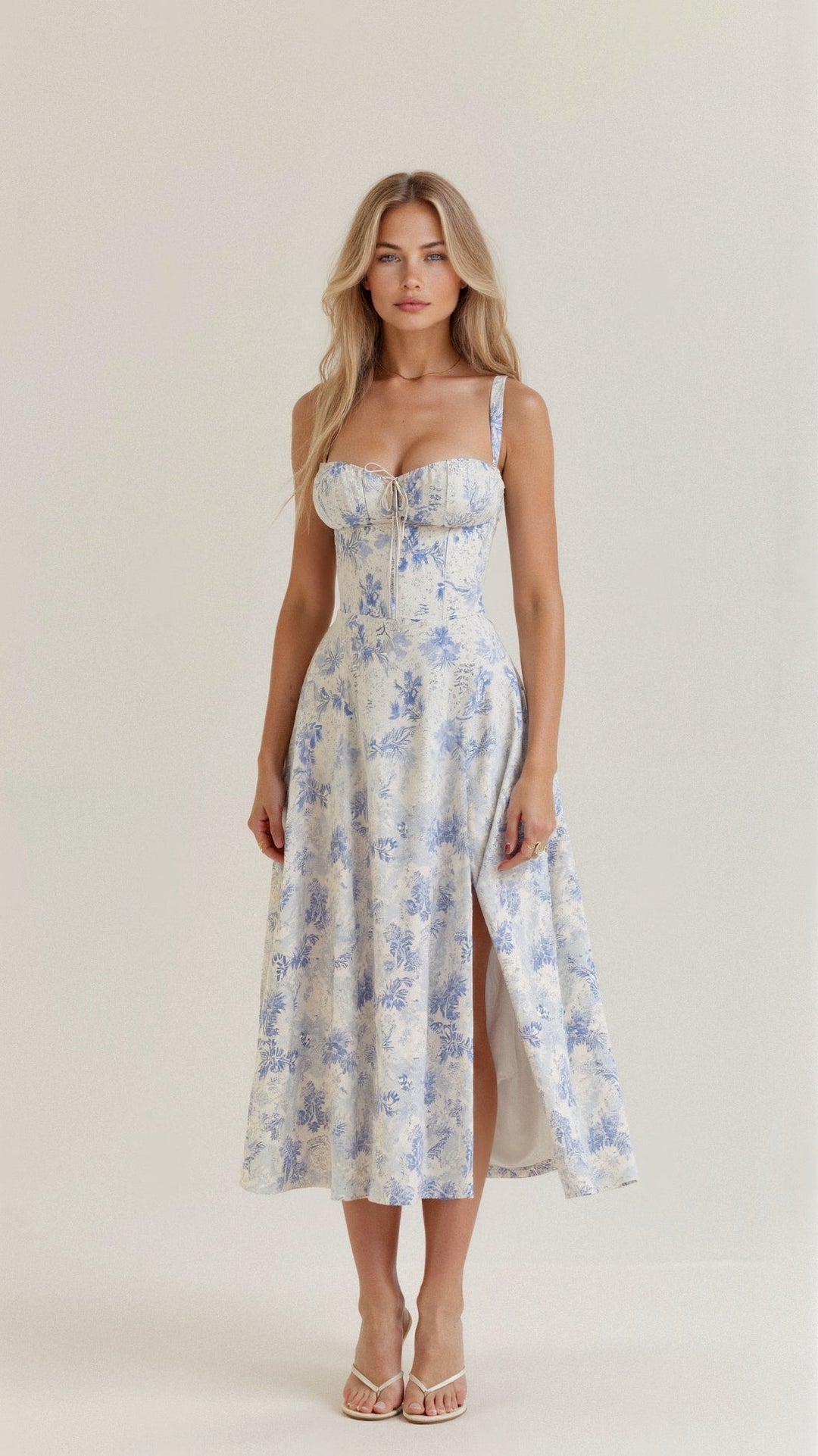 Back view of a women's elegant corset midi dress with a beautifully flowing skirt