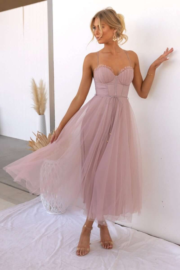 Elegant women's corset tulle midi dress with spaghetti straps, perfect for formal events & parties.