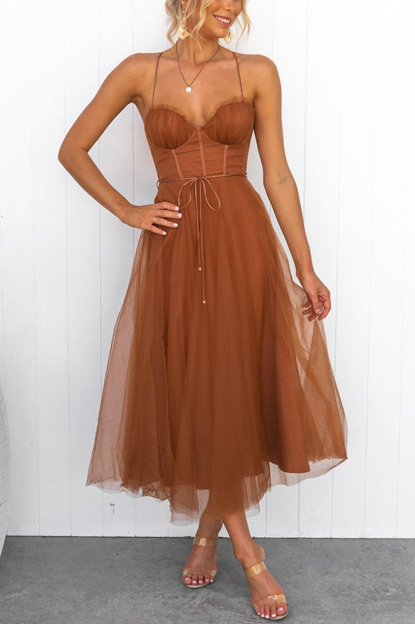 Women's spaghetti strap dress: Elegant corset midi with a beautiful tulle skirt, all occasions.